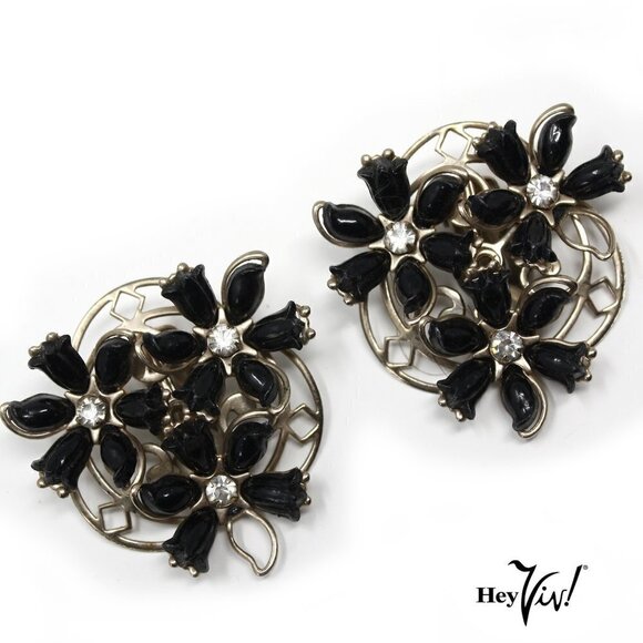 Vintage Black Flower Plastic Clip On Earrings Wire Twirl Base 1.5" - Hey Viv - Picture 1 of 4